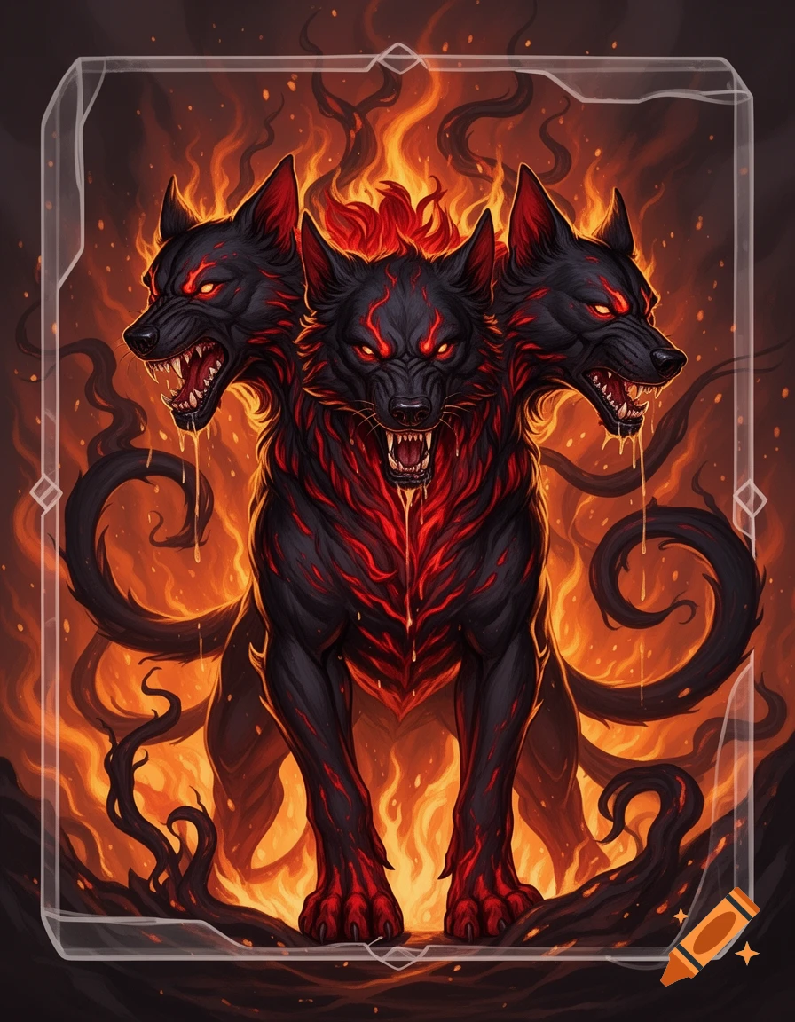 A three-headed black wolf-like creature (Cerberus) with glowing red eyes and fiery red markings, surrounded by flames within a card border. Fantasy art style.