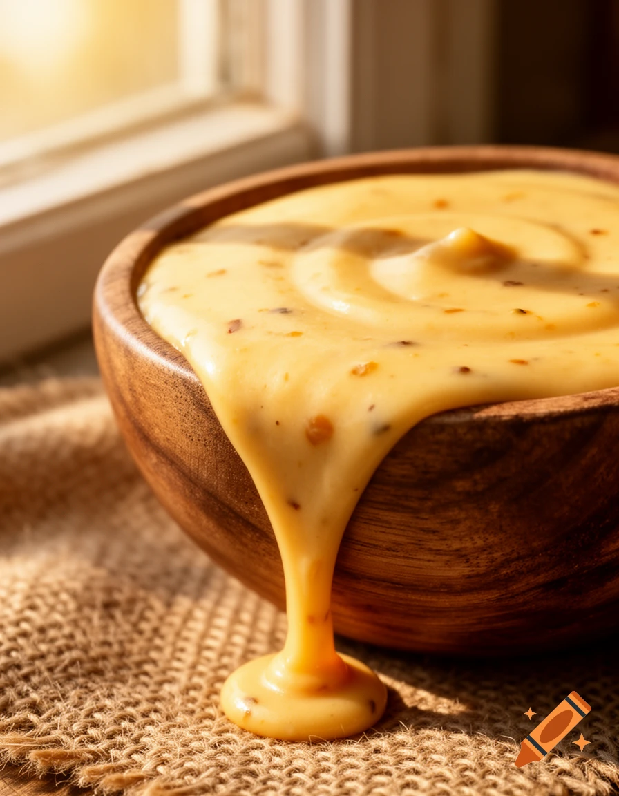 Close-up of golden, creamy cheese sauce overflowing from a rustic wooden bowl onto burlap, with a sunlit window in the background.