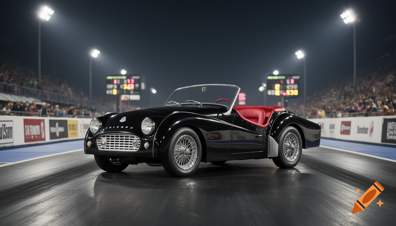 A shiny black Triumph TR3 A with red interior and chrome spoke wheels sits on a drag racing track at night under bright stadium lights. Spectators are in the background.