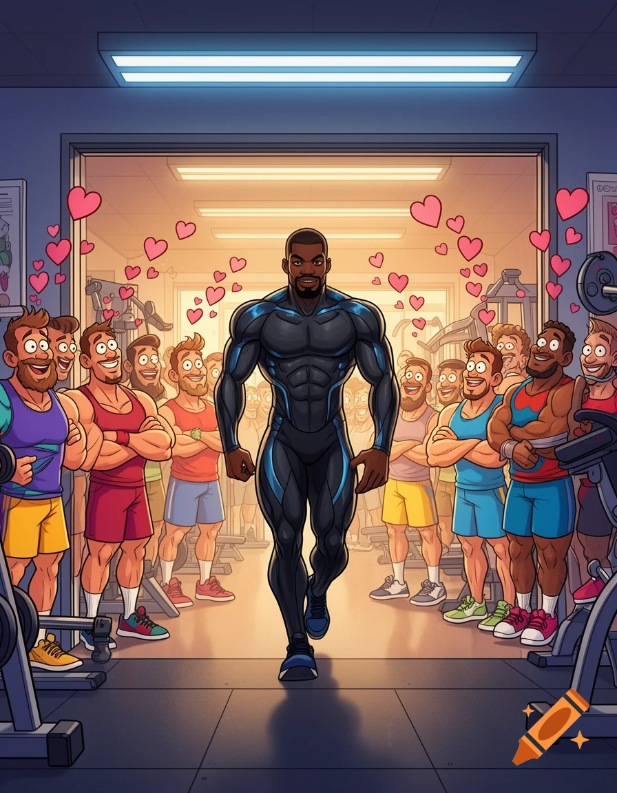 Muscular black man in a suit enters a gym as other men gaze with floating hearts in a cartoon style.