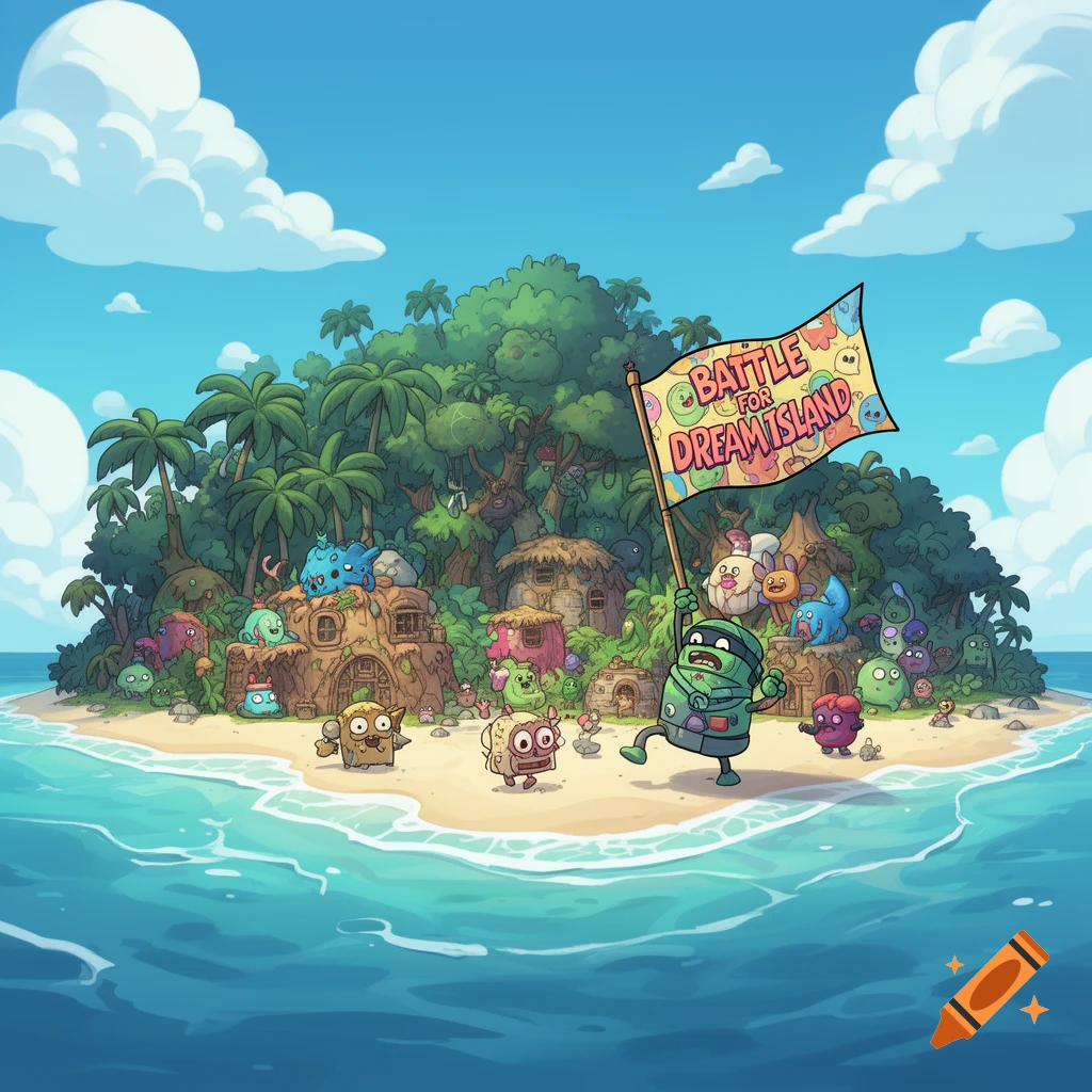 Cartoon island scene with numerous colorful, blob-like creatures and huts. A green character holds a flag reading 'BATTLE FOR DREAM ISLAND'.
