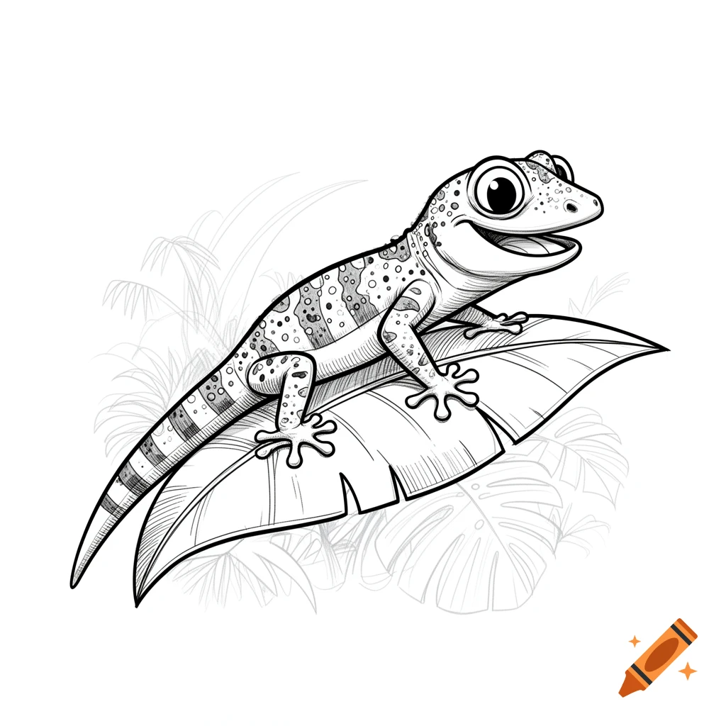 A smiling cartoon line drawing of a gecko with spots, perched on a large leaf with faint jungle foliage in the background.