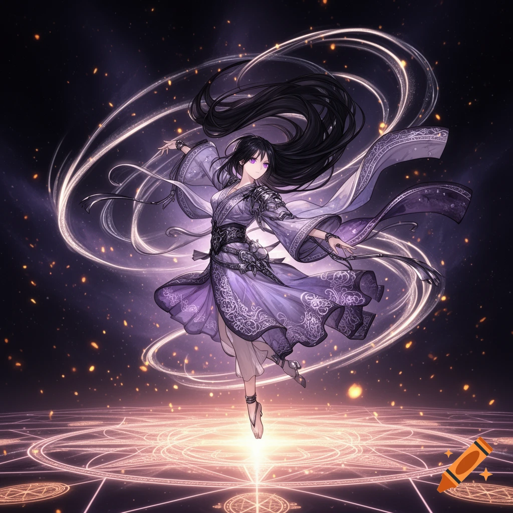 Anime woman with long black hair and purple eyes dancing in a flowing purple dress amidst glowing magical trails and symbols.