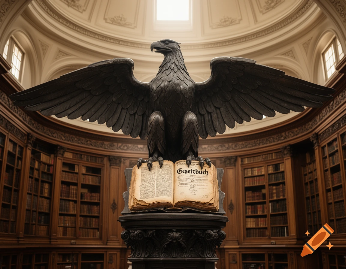 A dark eagle statue with spread wings perches on an open book titled "Gesetzbuch" in a grand, domed library with wooden shelves.