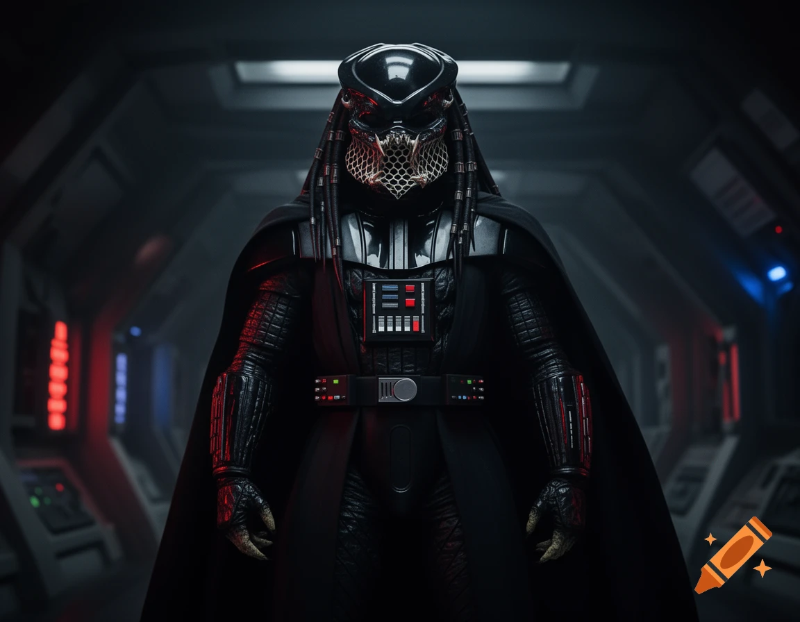A dark, imposing character combining Darth Vader's armor and cape with a Predator's masked face and dreadlocks, standing in a dim sci-fi spaceship corridor.