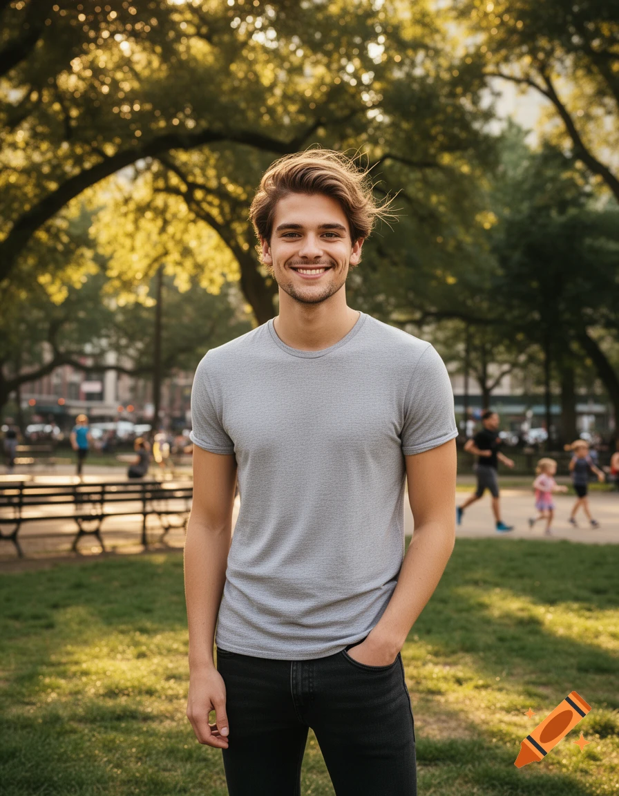 A smiling young man with brown hair and a gray t-shirt stands in a sunny park.