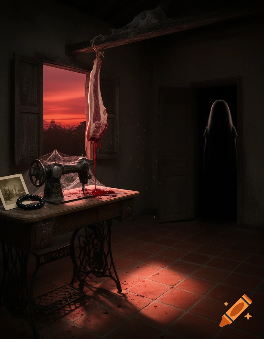 A dark, eerie room with a vintage sewing machine, a bloody piece of meat hanging, and a silhouetted figure in a doorway. Red sunset light illuminates the terracotta floor, casting long shadows.