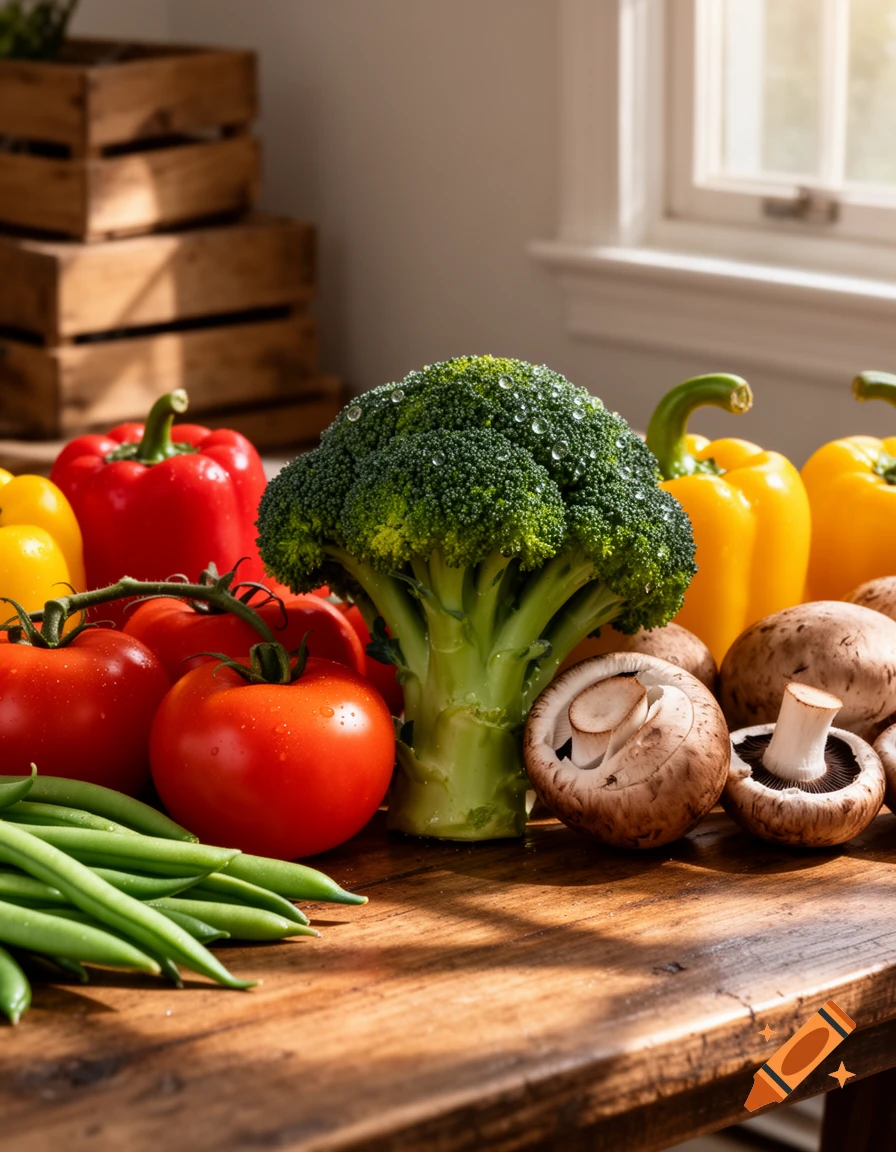 A photorealistic still life of fresh vegetables including broccoli, tomatoes, bell peppers, green beans, and mushrooms on a wooden table by a window.