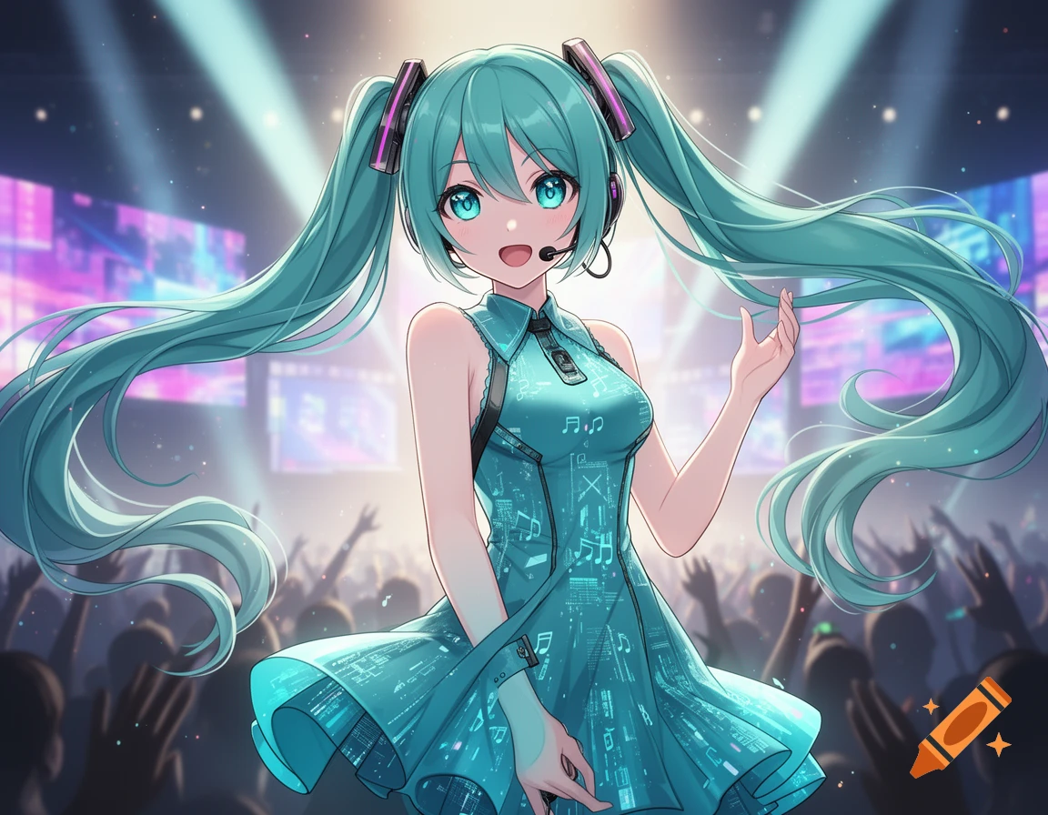 An anime girl with long turquoise pigtails, a headset, and a turquoise dress decorated with musical notes and digital patterns, stands on a stage with a cheering crowd and bright lights behind her.