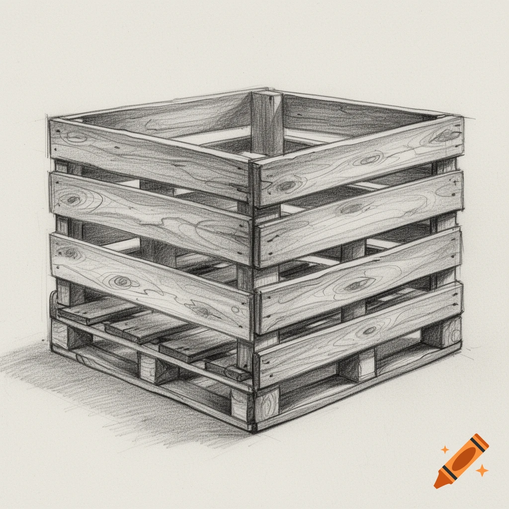 Pencil sketch of a wooden pallet crate viewed from an angled perspective on a light background.