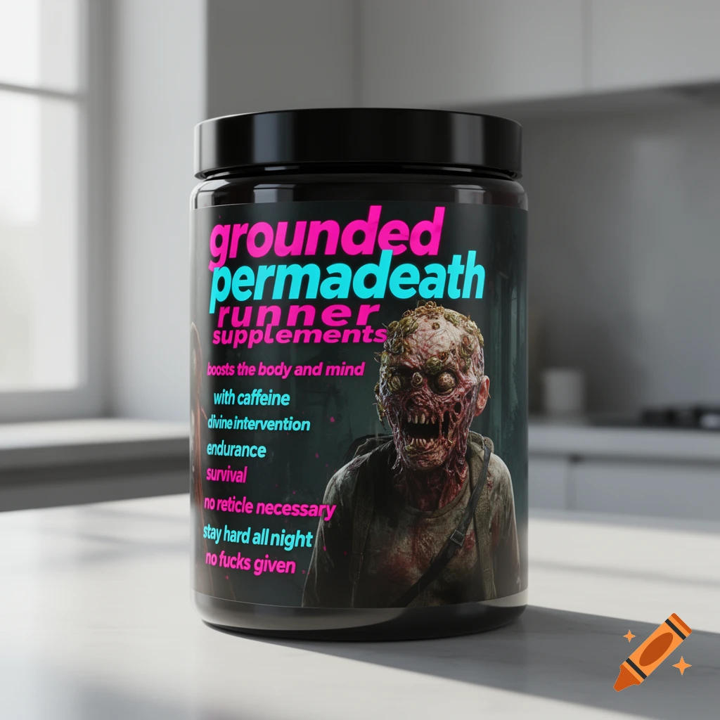 A photorealistic image of a black supplement jar labeled "Grounded Permadeath Runner Supplements" featuring a detailed, grotesque zombie head.