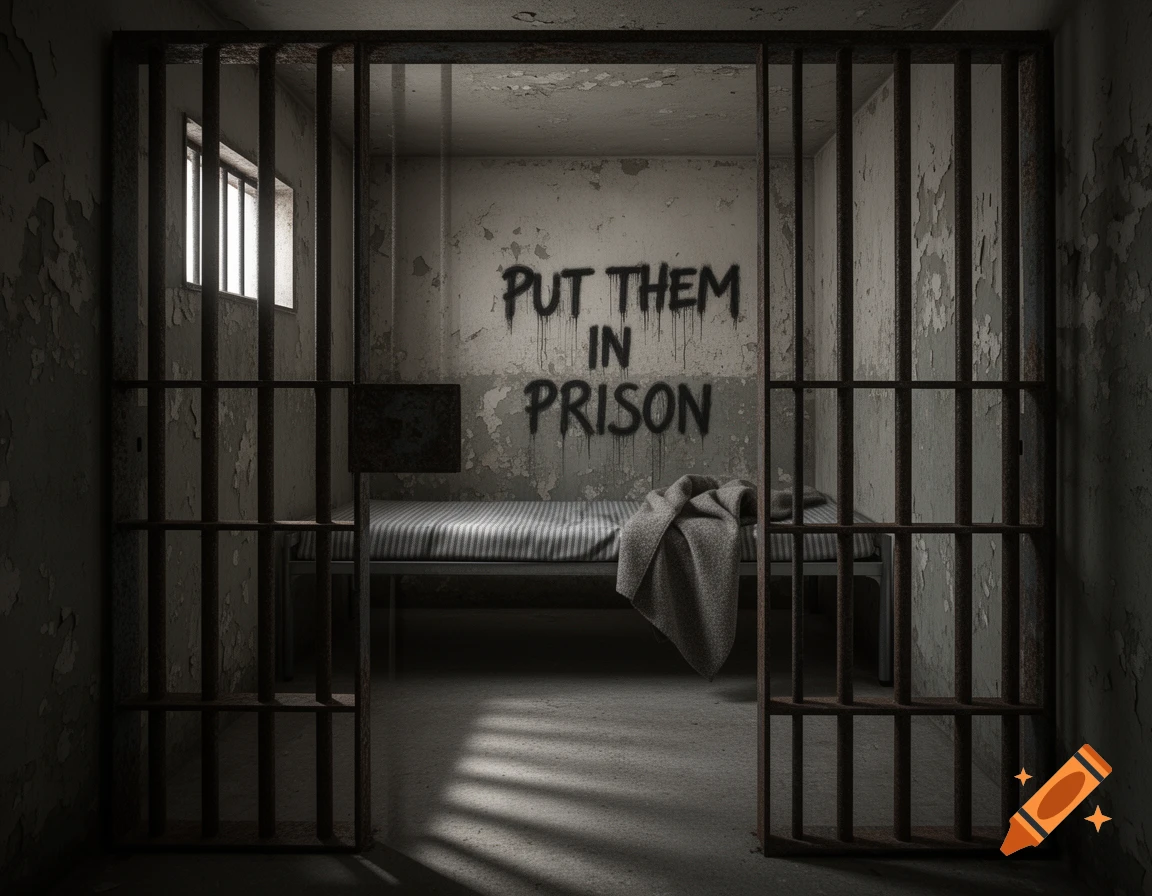 An empty, dark prison cell with peeling paint walls, a metal bed, and an open barred door. Graffiti on the back wall reads 'PUT THEM IN PRISON'.
