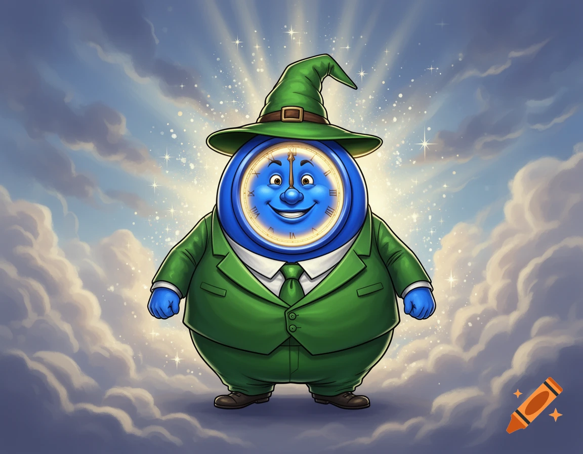 Cartoon blue clock character in a green wizard hat and ill-fitting green suit, floating among clouds with magical light rays.