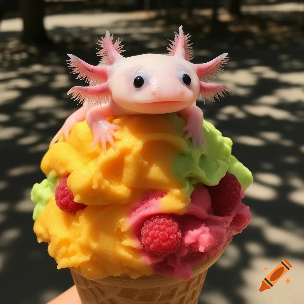 A cute pink axolotl sits atop a vibrant, multi-colored gelato cone with raspberries in a sunny outdoor setting.