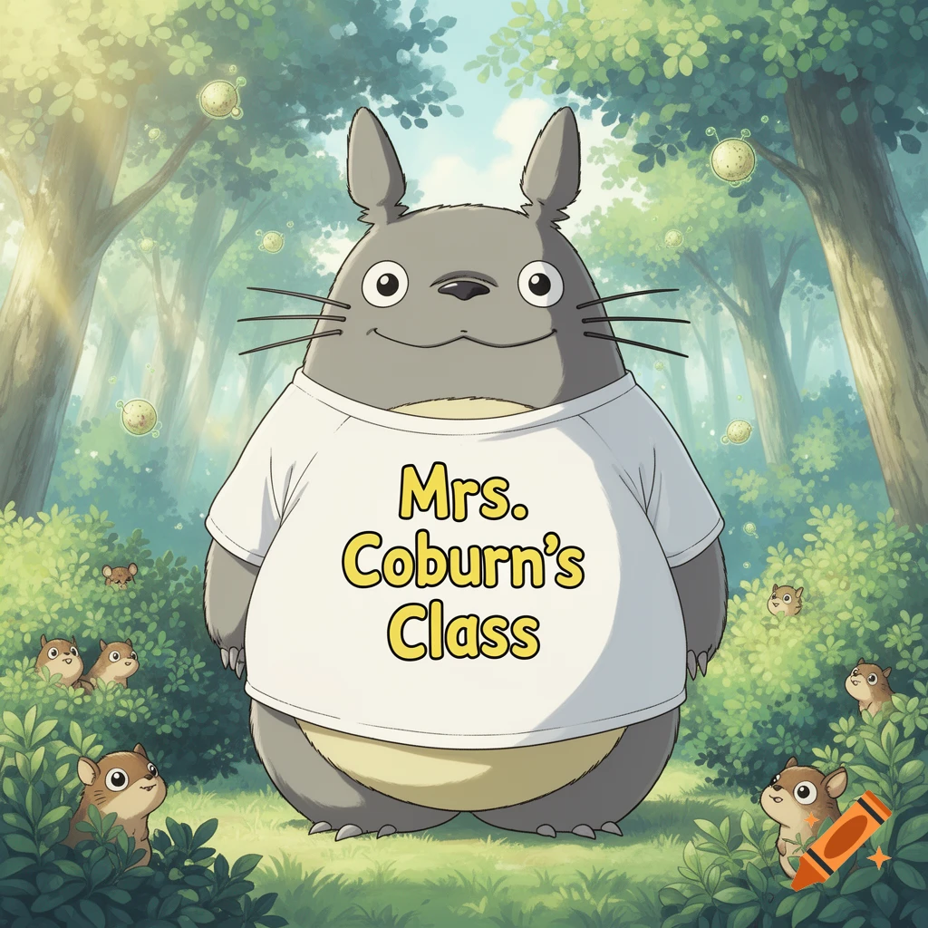 A cute gray Totoro wears a white t-shirt that says 'Mrs. Coburn's Class' in a bright green forest with small animals and glowing orbs, in an anime style.