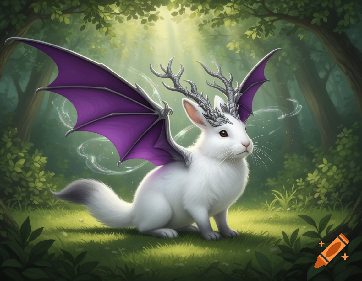 A white Wolpertinger with antlers, purple dragon wings, and a fox tail sits in a sunlit forest.