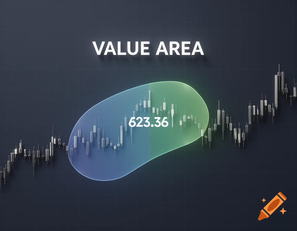 A dark financial candlestick chart with a blue-green value area highlighting a section, displaying '623.36' and 'VALUE AREA' at the top.
