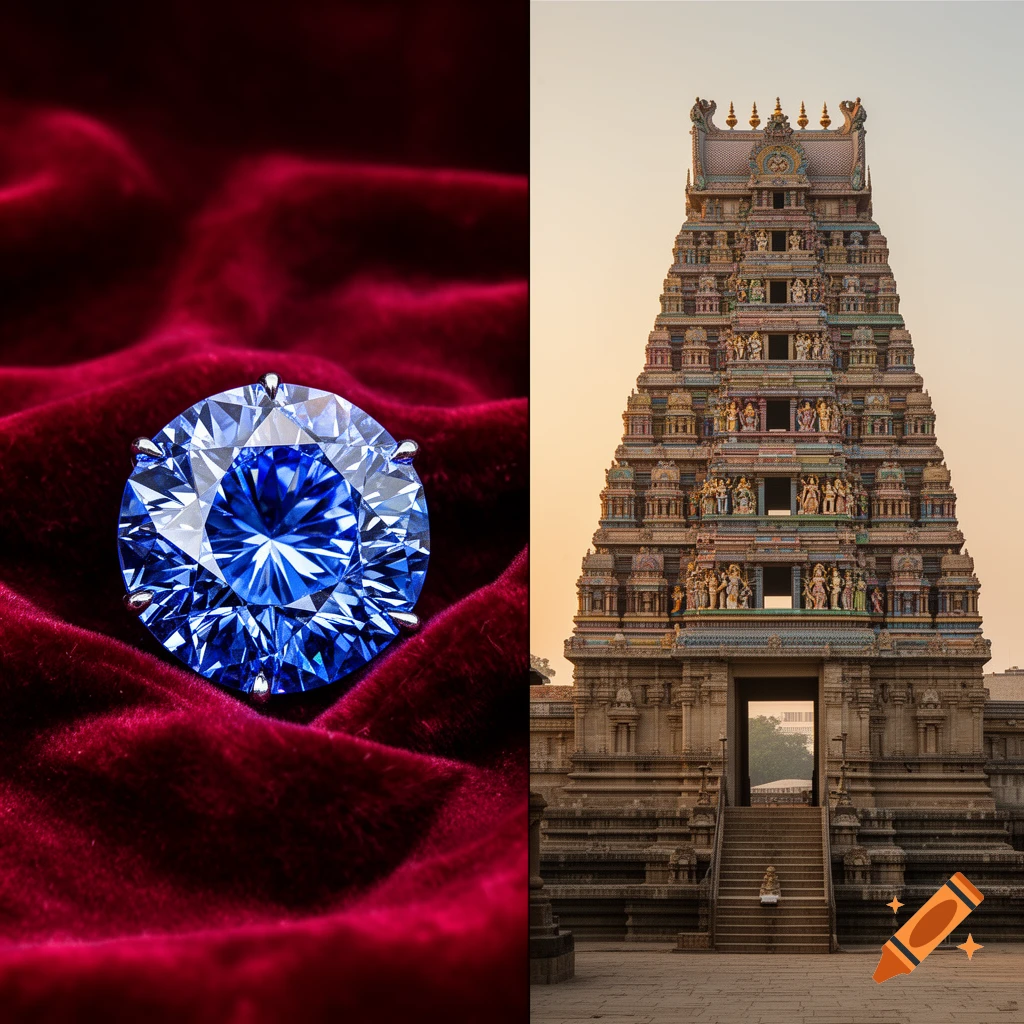 A split image showing a large blue diamond on red velvet and a traditional South Indian temple (Gopuram) with intricate carvings.