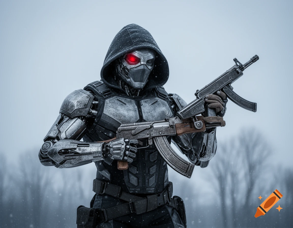 Photorealistic image of a hooded cyborg soldier with glowing red eyes, holding an AK-47 and a submachine gun in a snowy landscape.