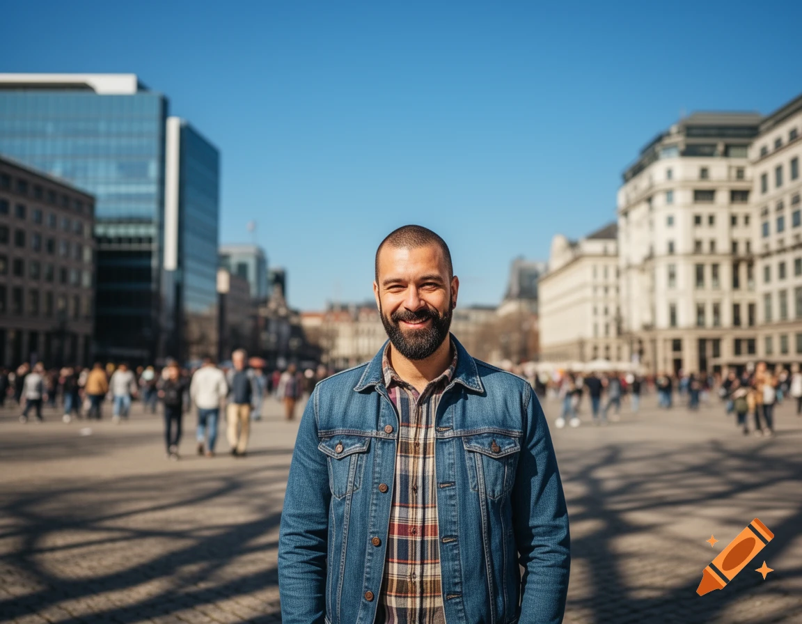 A bearded man with a friendly expression stands in a sunny city square, with blurred buildings and people in the background, photorealistic.