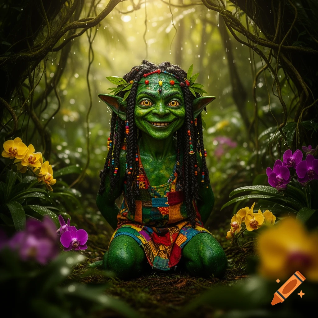 A green hobgoblin with large yellow eyes and dreadlocks, wearing a patchwork tunic, kneels in a misty jungle surrounded by orchids.