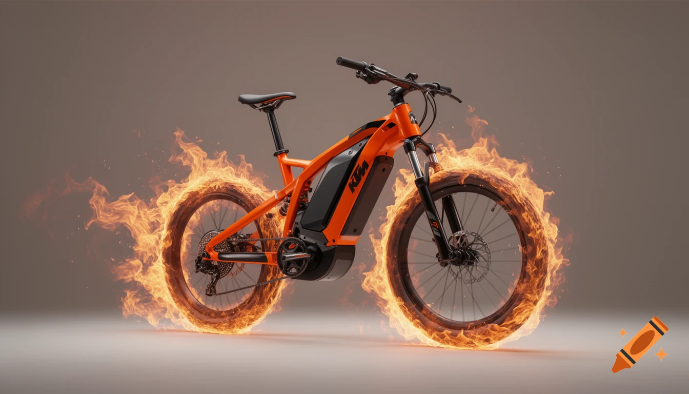 An orange KTM electric bicycle with dynamic flames emanating from both wheels, isolated on a studio-like gradient background.