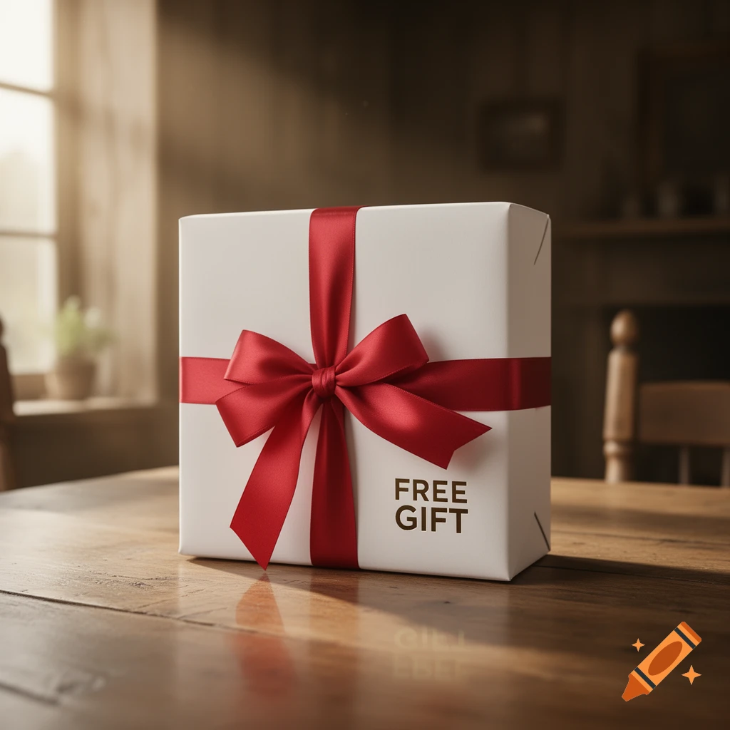 A photorealistic image of a white gift box with a red ribbon and bow, labeled 'FREE GIFT', on a wooden table.