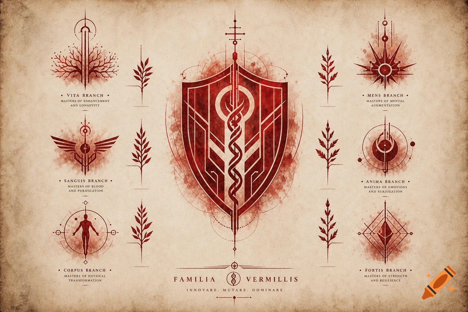 A parchment-like image displaying a central red shield symbol and six smaller, intricate red emblems, each labeled as a 'Branch' with descriptive text.