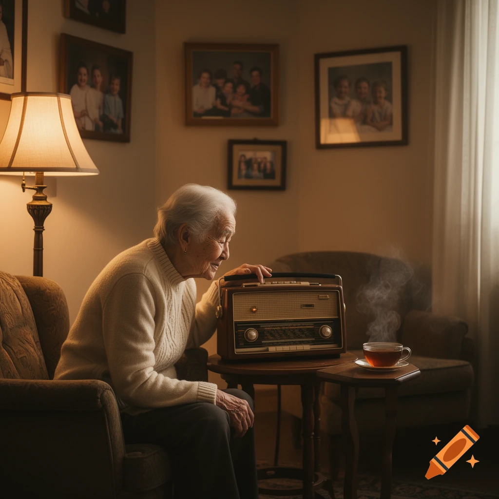 An elderly Asian woman listens to a vintage radio in a cozy, softly lit room, with a cup of steaming tea nearby.