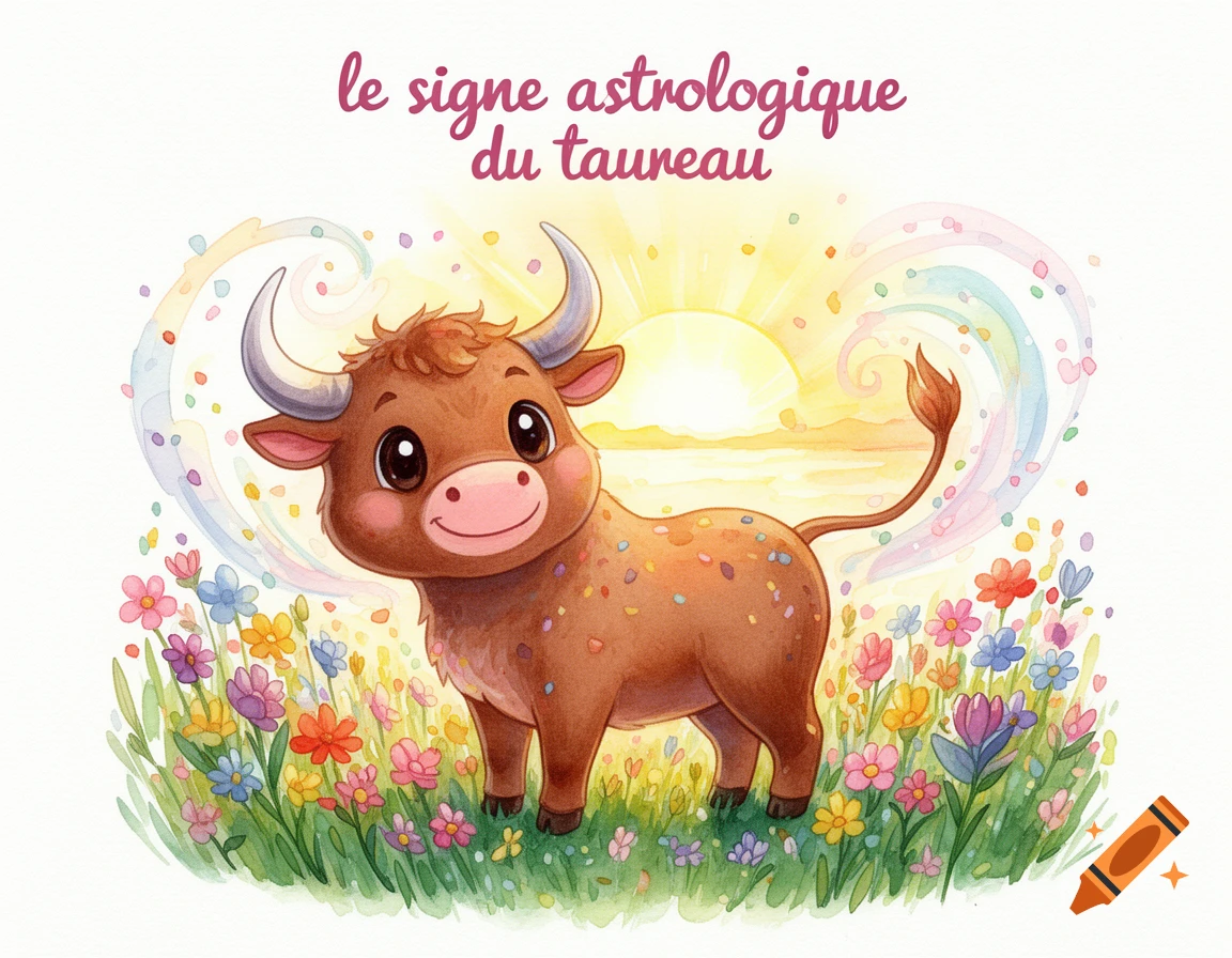 Cute watercolor illustration of a brown bull calf, representing the Taurus zodiac sign, in a field of colorful flowers with a shining sun and text "le signe astrologique du taureau".