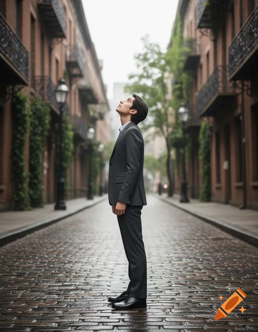 Photorealistic full body shot of a man in a dark suit standing on a wet cobblestone street between brick buildings, looking up.