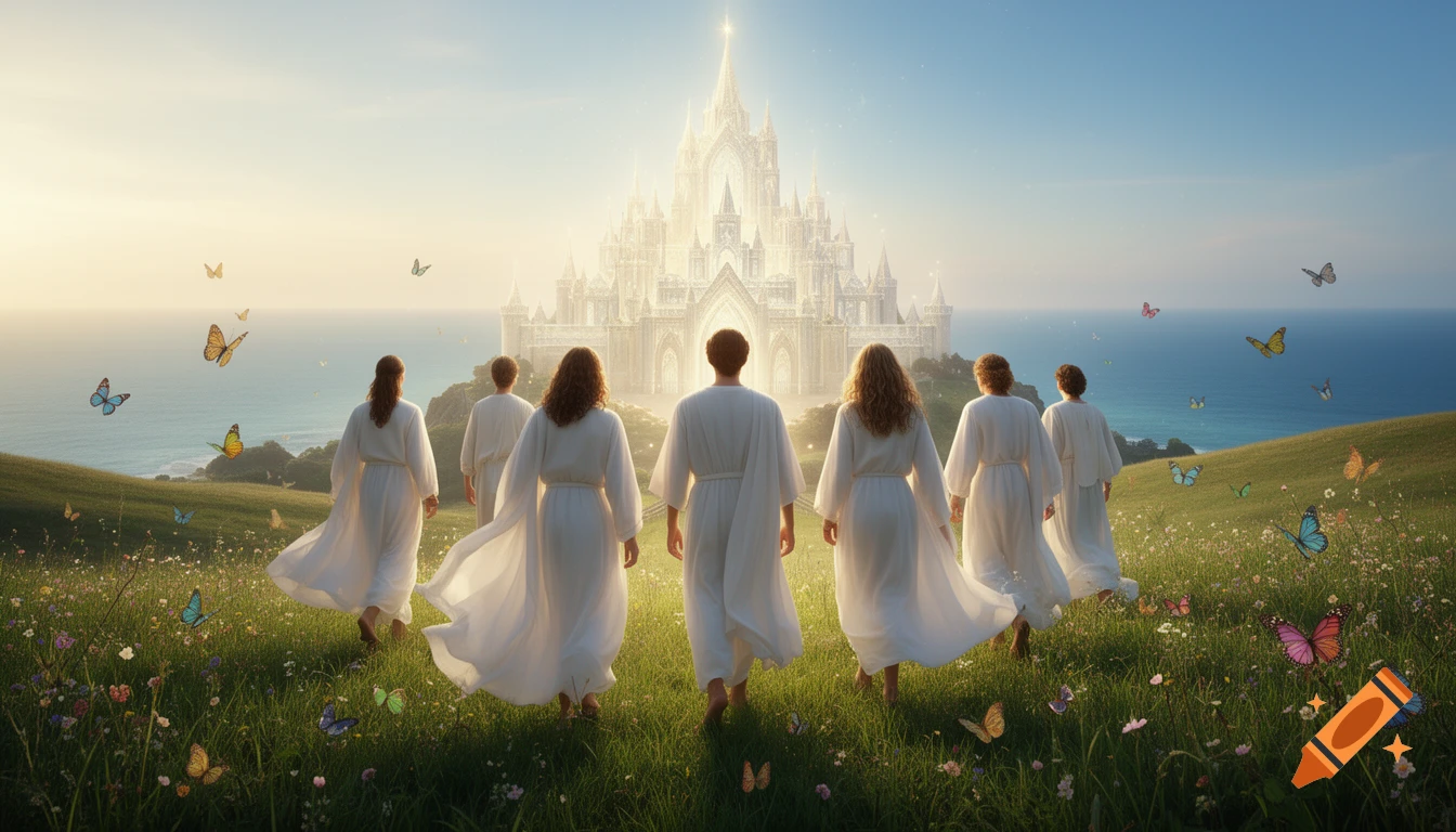People in white robes walk on a grassy hill towards a glowing fantasy castle, with butterflies, flowers, and the sea in the background.