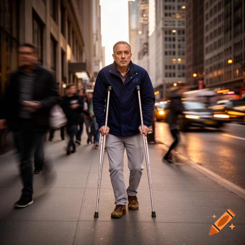 A man on crutches walks down a city street, with blurred people and traffic in the background, in a photorealistic style.