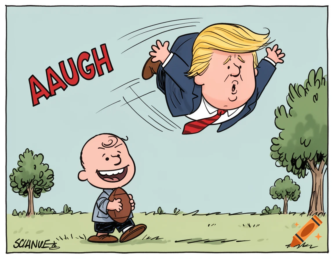 Peanuts-style political cartoon: Donald Trump flies through the air yelling 'AAUGH' after missing a football, as a smiling Charlie Brown-like character holds it.