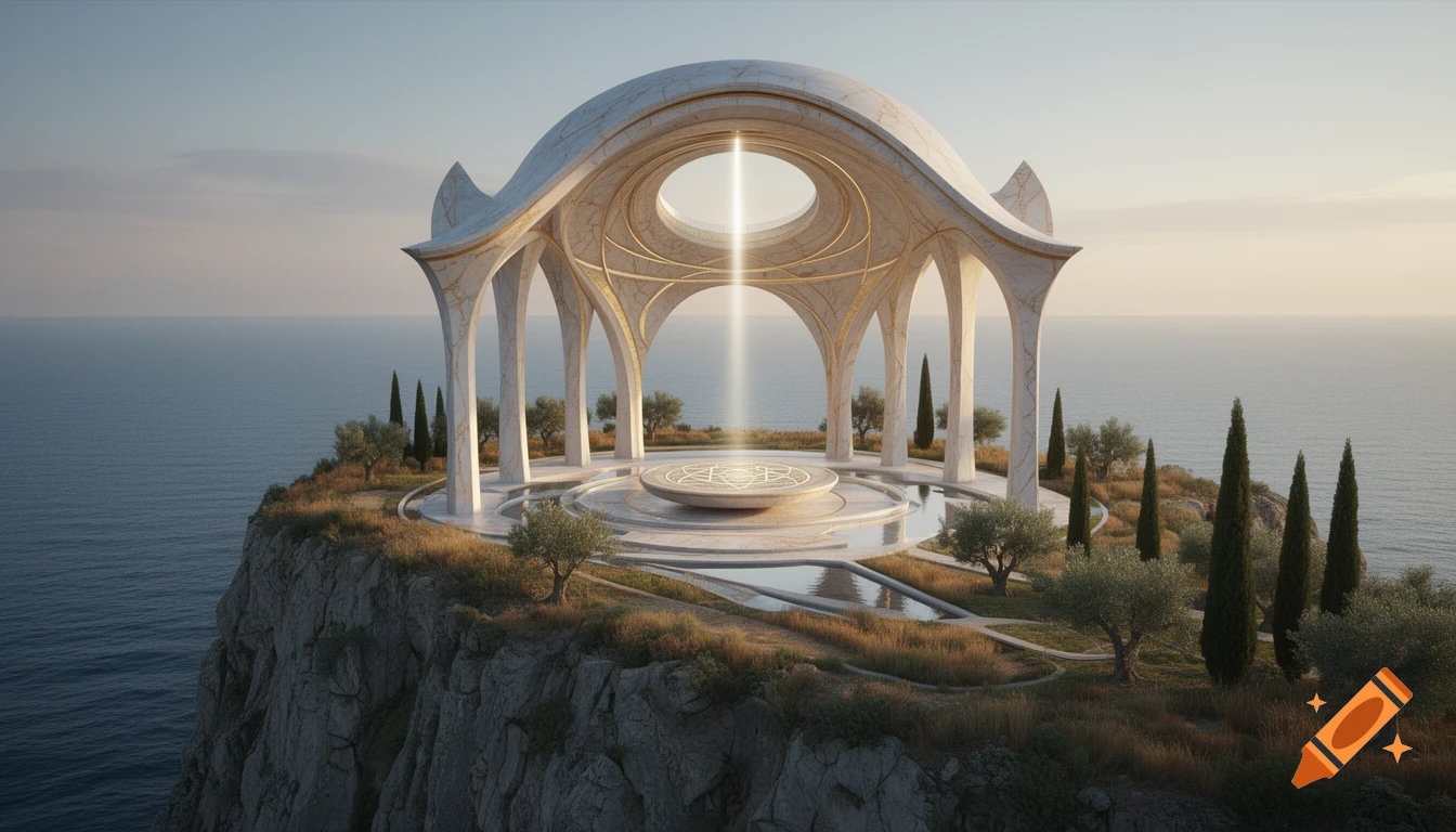 A grand white marble temple with golden accents and an ethereal light beam on a cliff overlooking a vast ocean at sunrise.