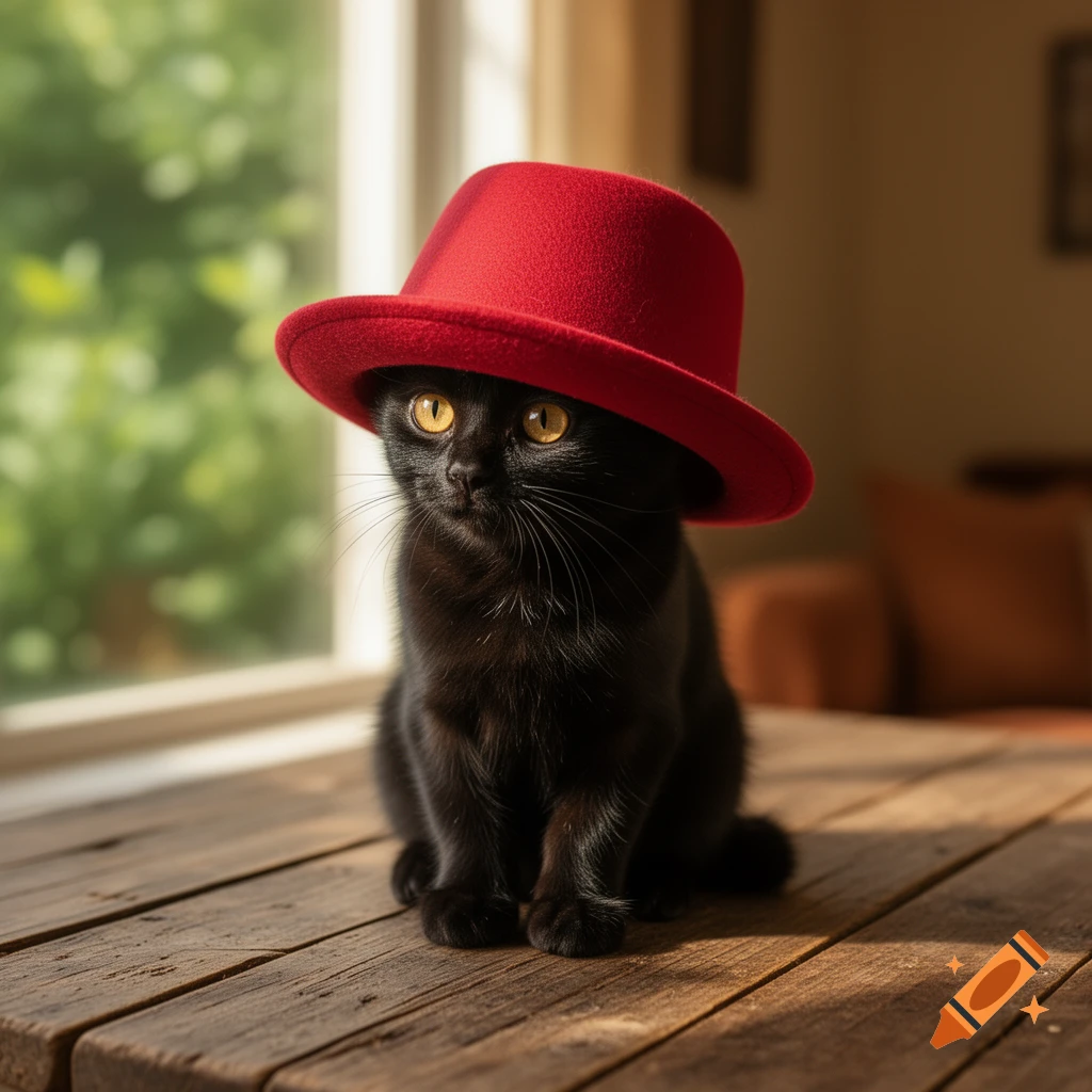 A cute black cat with bright yellow eyes wears a red hat, sitting on a wooden table by a window.