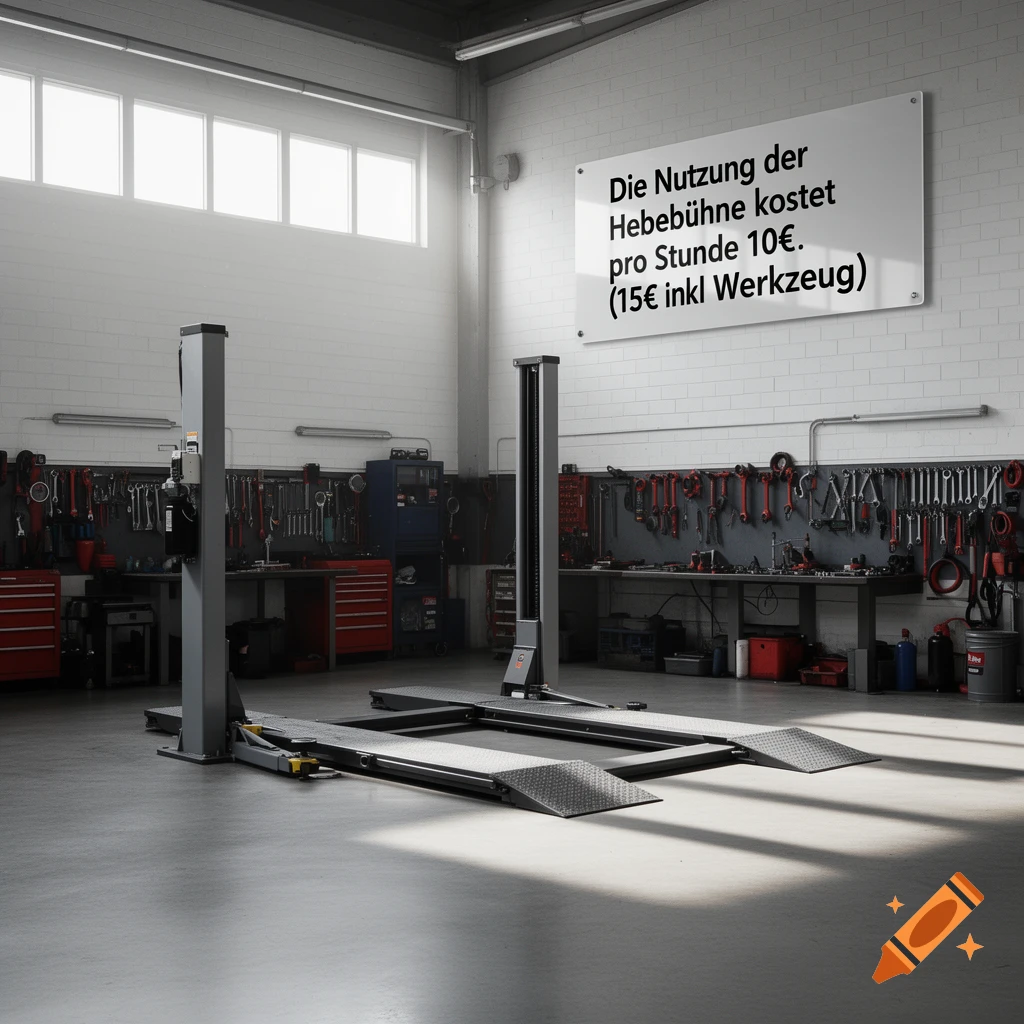 A photorealistic image of an empty car repair shop with a vehicle lift, tools on the wall, and a sign displaying German text.