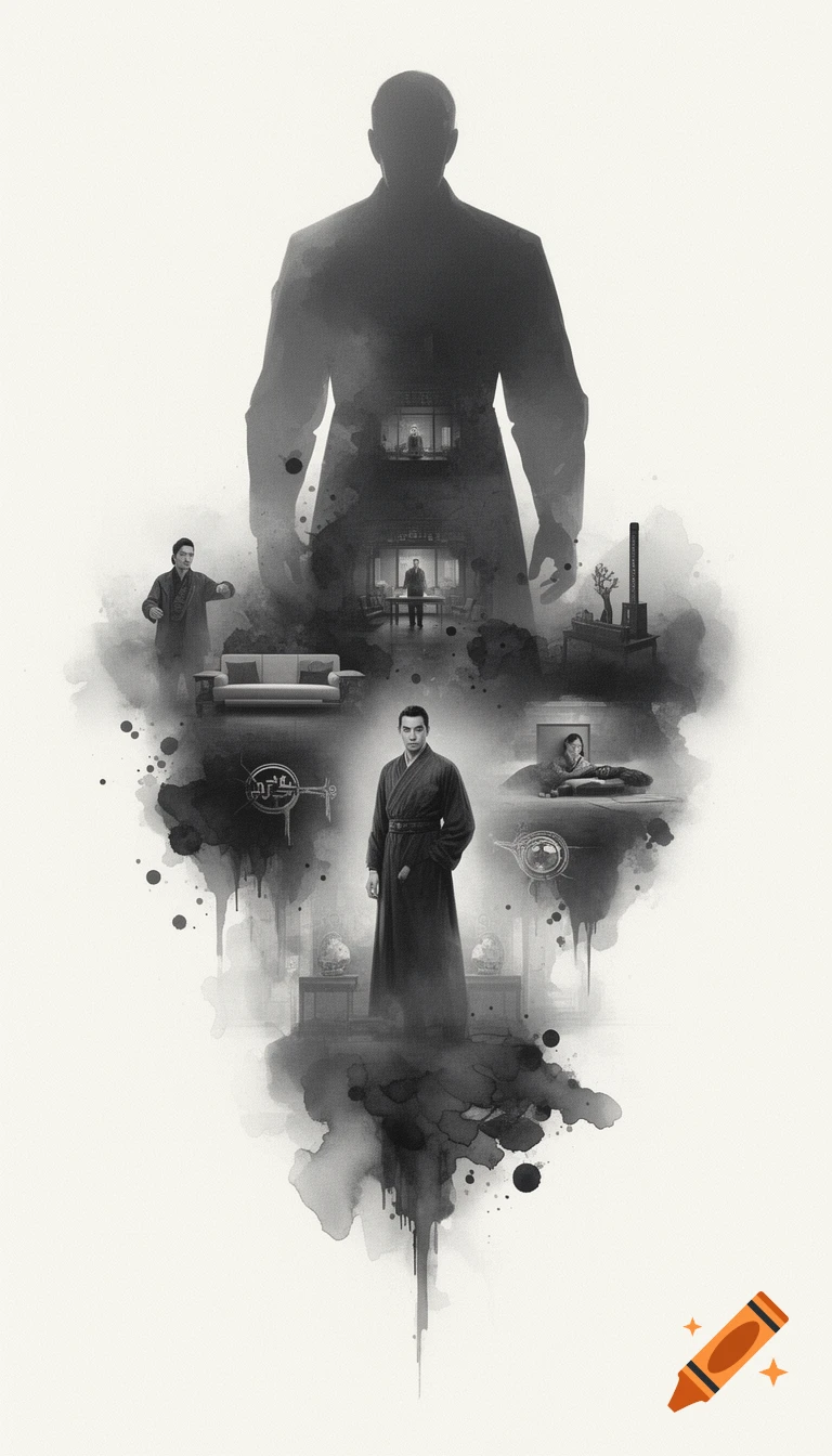 Monochromatic poster art featuring a large silhouette of a man with smaller scenes of a man, a couch, and industrial elements integrated within and around it, in an ink wash style.