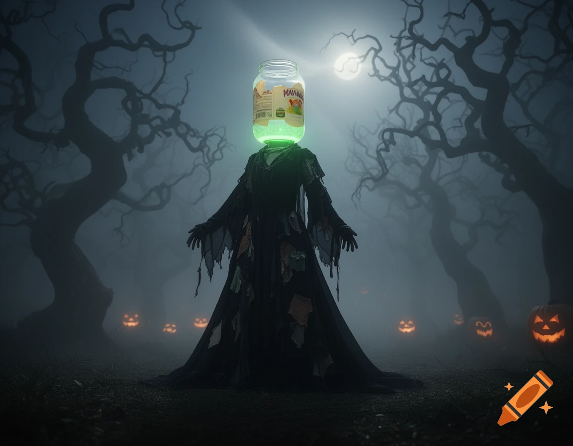 A witch-like figure in a dark, misty forest has an empty mayonnaise jar for a head, glowing green, with spooky trees and jack-o'-lanterns around.