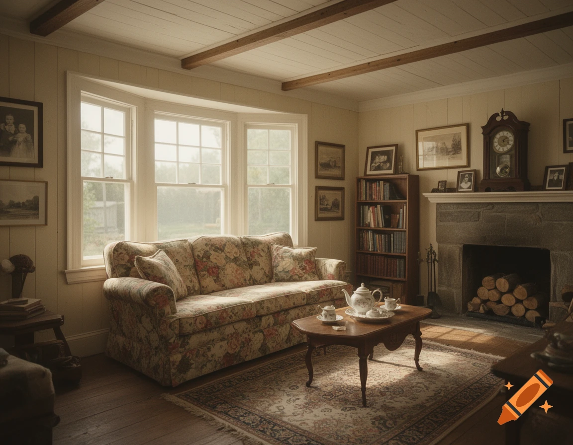 A cozy, vintage 1940s Cape Cod cottage living room with a floral sofa, fireplace, and bay windows.