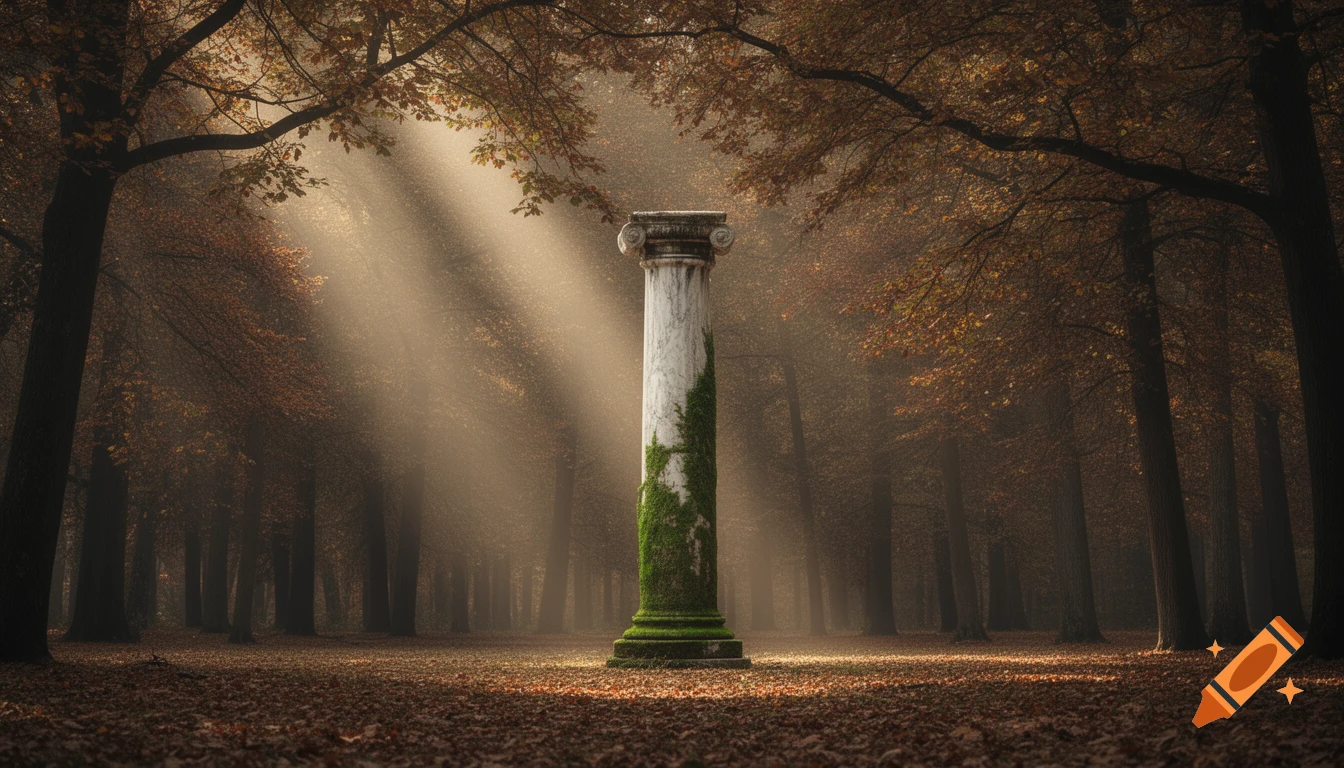 A photorealistic ancient marble column covered in moss stands in a serene autumn forest with soft sunbeams filtering through trees.