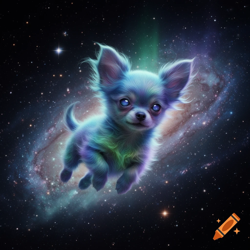 A tiny, fluffy alien dog with iridescent blue, green, and purple fur floats in a starry galaxy.