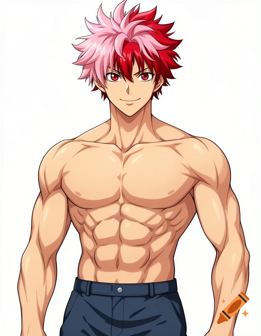 An anime male character with spiky red and pink hair, red eyes, and a muscular, shirtless torso wearing dark pants.