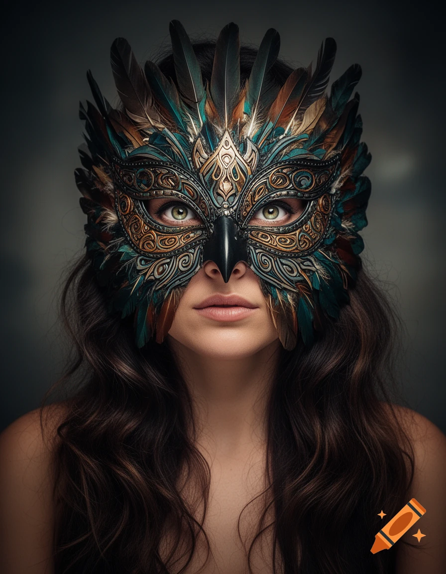Close-up photorealistic portrait of a woman wearing an elaborate feathered and metallic bird mask, with her green eyes visible.