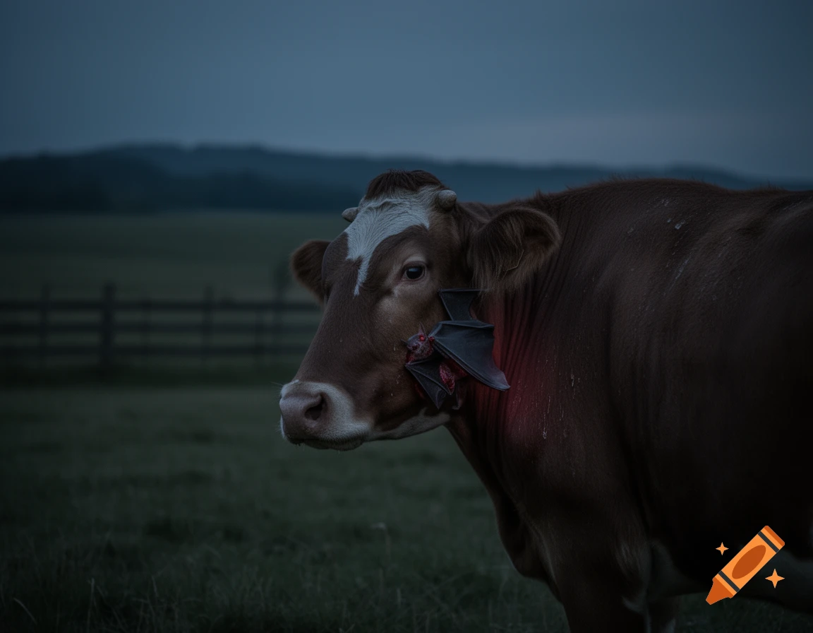 A cow in a dark field at dusk, with a bat-like creature attached to its neck, surrounded by a red glow.