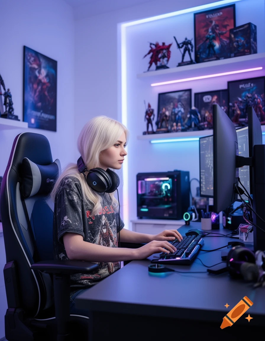 A young blonde woman wearing headphones sits at a desk, typing on a keyboard in a neon-lit gaming room.
