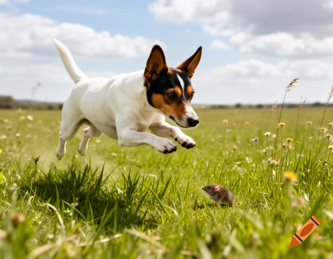 A white dog with tricolor markings on its face jumps in a grassy field, pouncing on a small mouse, under a cloudy sky.