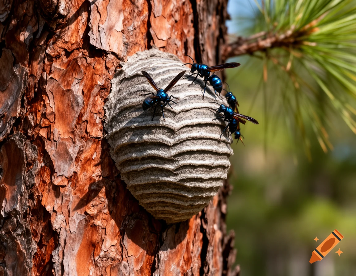 Close-up of metallic blue-black warrior wasps on a ribbed grey nest attached to a textured reddish-brown pine tree trunk.