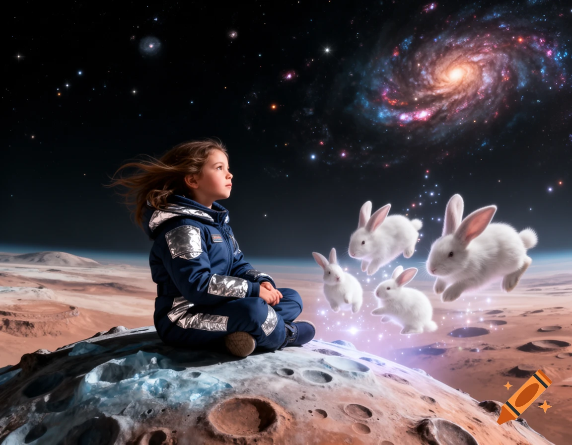 A girl in an astronaut suit sits on a cratered moon-like surface, looking up at a vibrant galaxy and four white rabbits floating beside her.