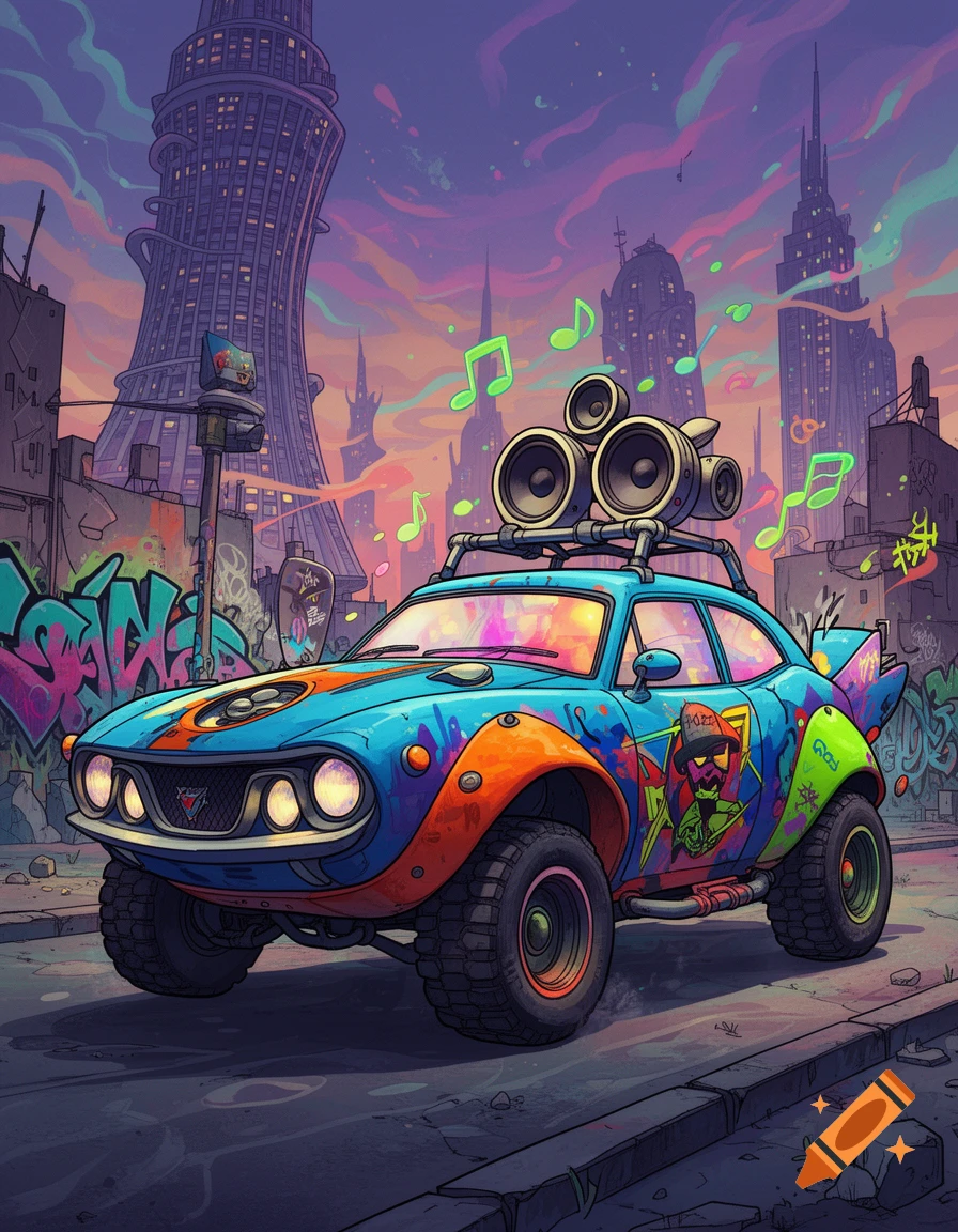 A vibrant, graffiti-covered blue and orange car with roof speakers, in a stylized futuristic city street under a colorful sky.